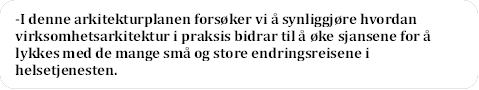 -I denne arkitekturplanen forsker vi  synliggjre hvordan virksomhetsarkitektur i praksis bidrar til  ke sjansene for  lykkes med de mange sm og store endringsreisene i helsetjenesten.